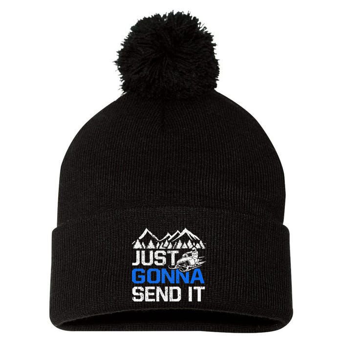 Just Gonna Send It retro Snowmobiling Motor Sled Riders Pom Pom 12in Knit Beanie
