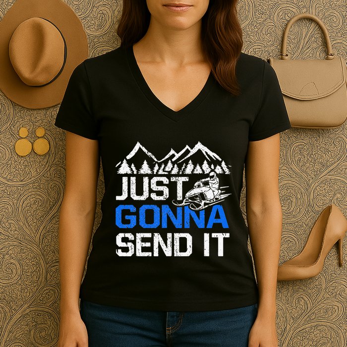 Just Gonna Send It retro Snowmobiling Motor Sled Riders Women's V-Neck T-Shirt