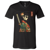 Japanese Gothic Samurai Art Woman With Katana Sword V-Neck T-Shirt