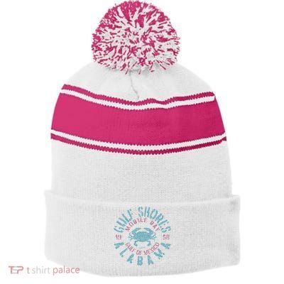JCombs Gulf Shores AL With Blue Crab Stripe Pom Pom Beanie