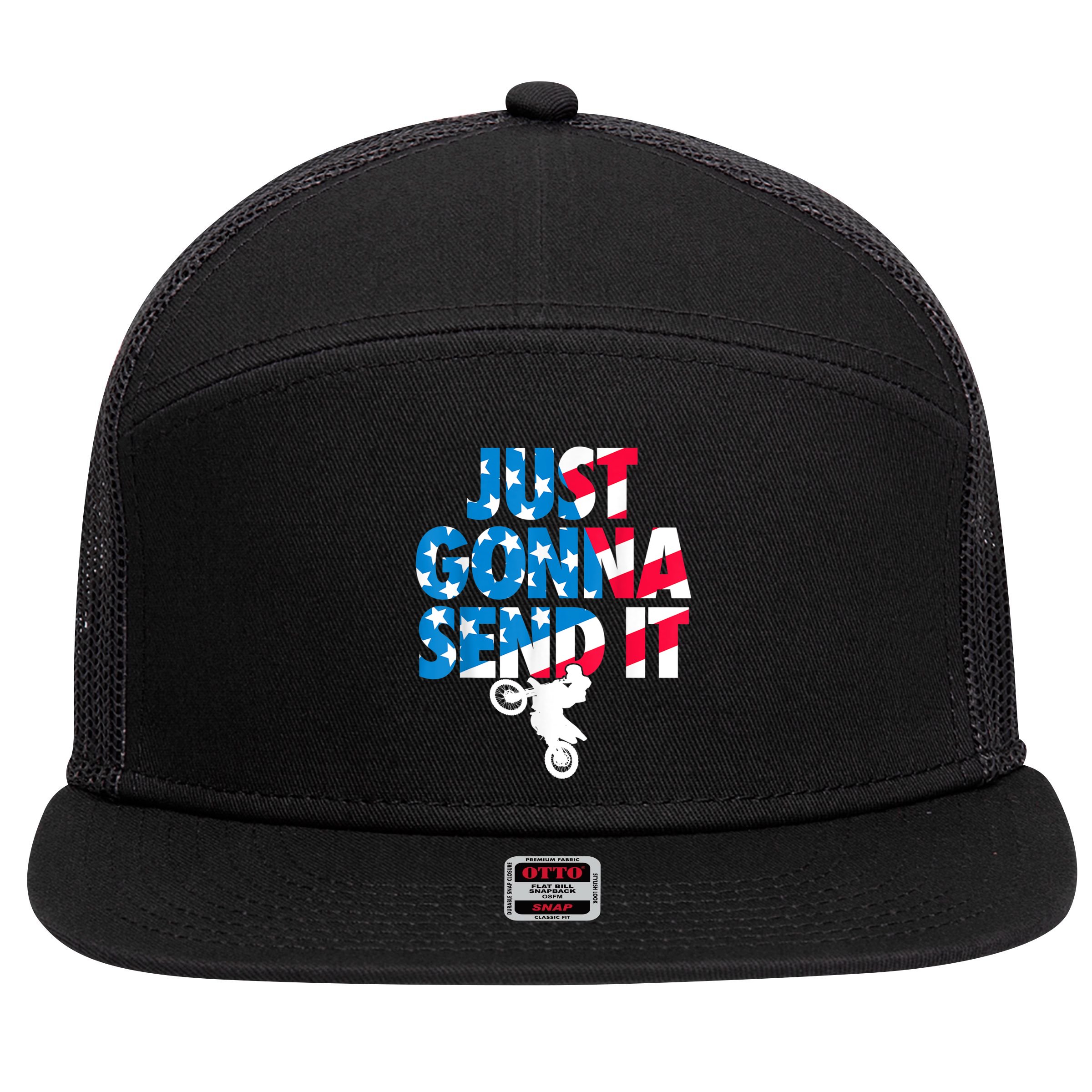 Just Gonna Send It American Flag Dirt Bike Motocross 7 Panel Mesh Trucker Snapback Hat