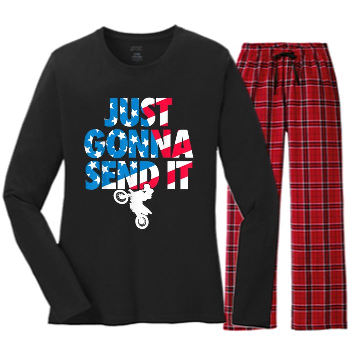 Just Gonna Send It American Flag Dirt Bike Motocross Women's Long Sleeve Flannel Pajama Set 