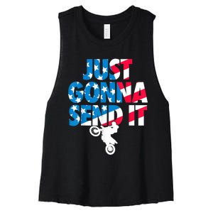 Just Gonna Send It American Flag Dirt Bike Motocross Women's Racerback Cropped Tank