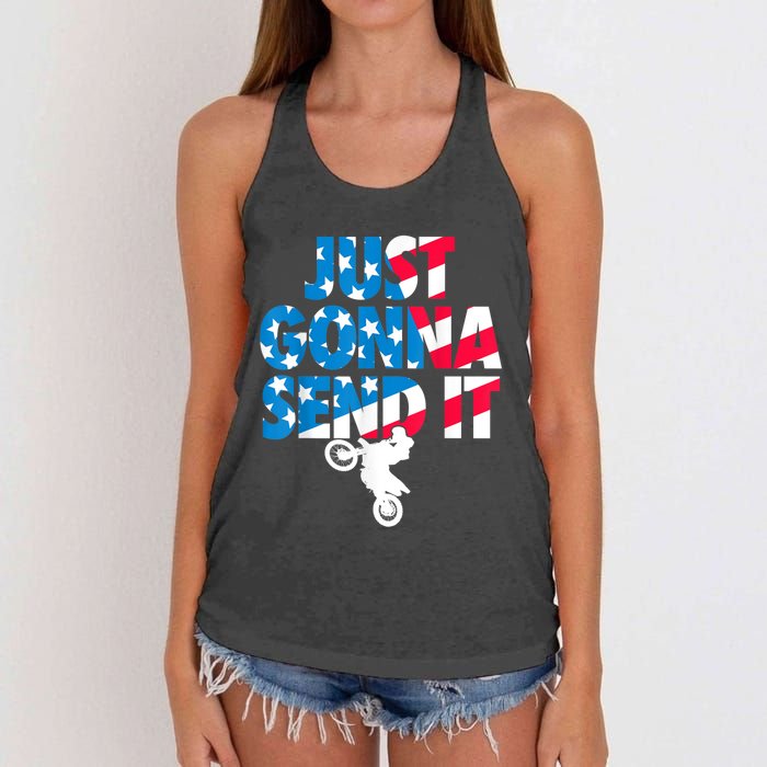 Just Gonna Send It American Flag Dirt Bike Motocross Women's Knotted Racerback Tank