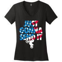 Just Gonna Send It American Flag Dirt Bike Motocross Women's V-Neck T-Shirt