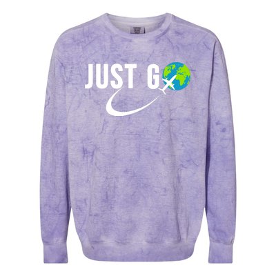 Just Go Travel Addict Globe Airplane World Solo Traveler Colorblast Crewneck Sweatshirt