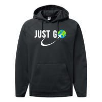 Just Go Travel Addict Globe Airplane World Solo Traveler Performance Fleece Hoodie