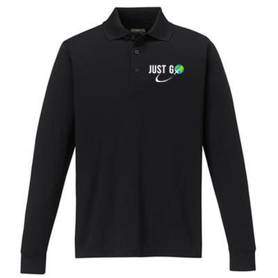 Just Go Travel Addict Globe Airplane World Solo Traveler Performance Long Sleeve Polo