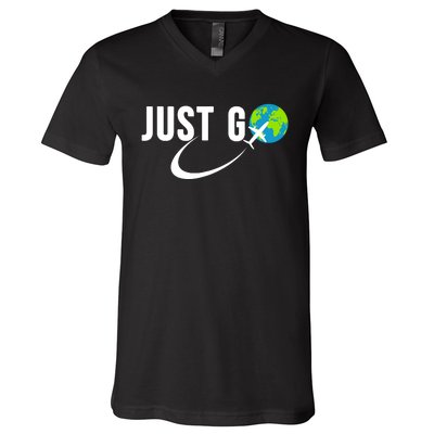 Just Go Travel Addict Globe Airplane World Solo Traveler V-Neck T-Shirt