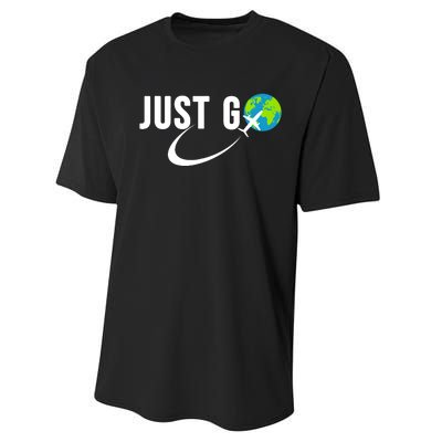 Just Go Travel Addict Globe Airplane World Solo Traveler Performance Sprint T-Shirt