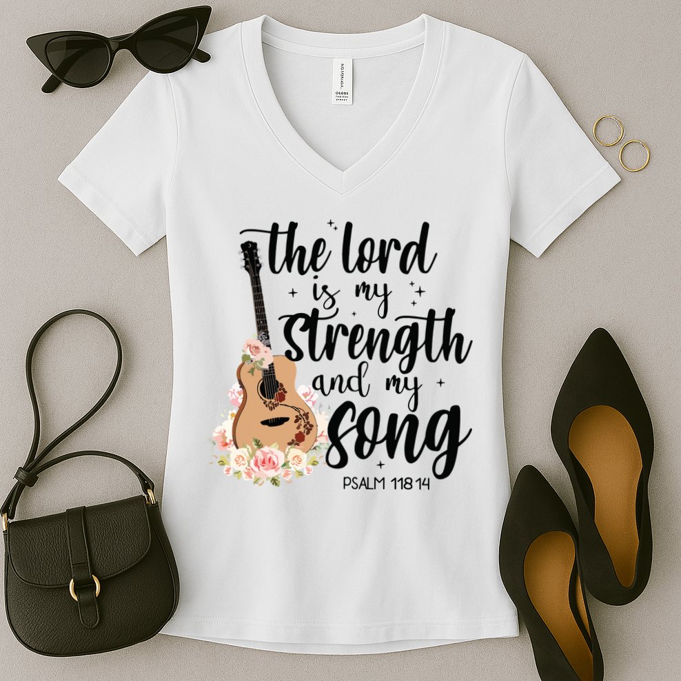 Jesus Guitar The Lord Is My Strength My Song Women's V-Neck T-Shirt
