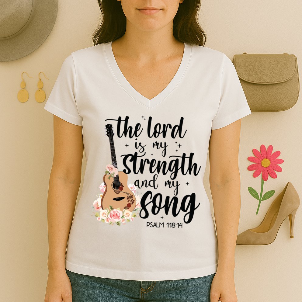 Jesus Guitar The Lord Is My Strength My Song Women's V-Neck T-Shirt
