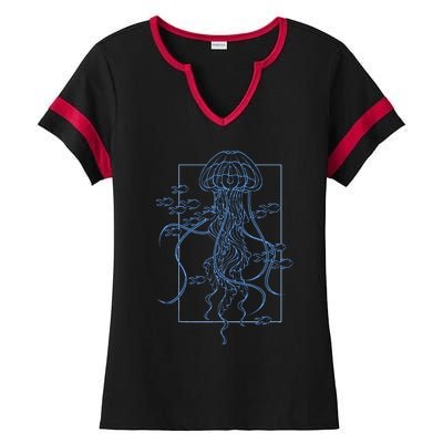 Jellyfish Graphic With Fishes In Sea Ladies Halftime Notch Neck Tee