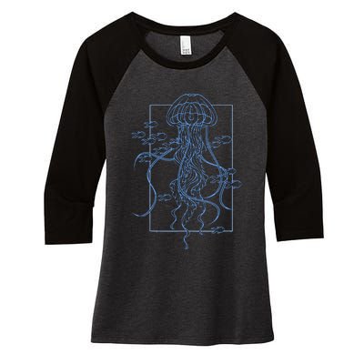 Jellyfish Graphic With Fishes In Sea Women's Tri-Blend 3/4-Sleeve Raglan Shirt