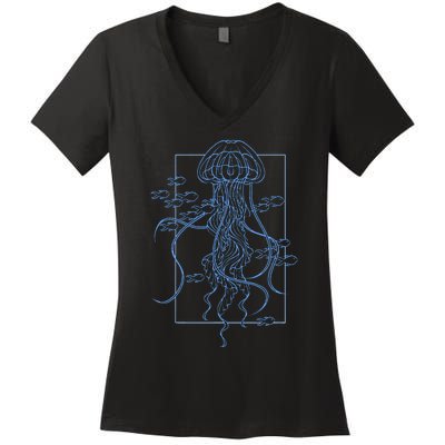 Jellyfish Graphic With Fishes In Sea Women's V-Neck T-Shirt