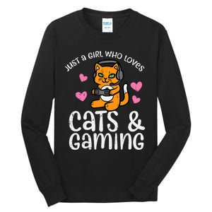 Just Girl Who Loves Cats Gaming Cute Gamer Wo Girl Tall Long Sleeve T-Shirt