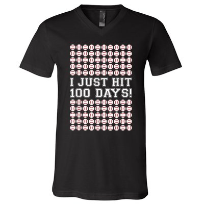 Just Hit 100 Days Of School Baseball Teacher Boys 100th Day V-Neck T-Shirt