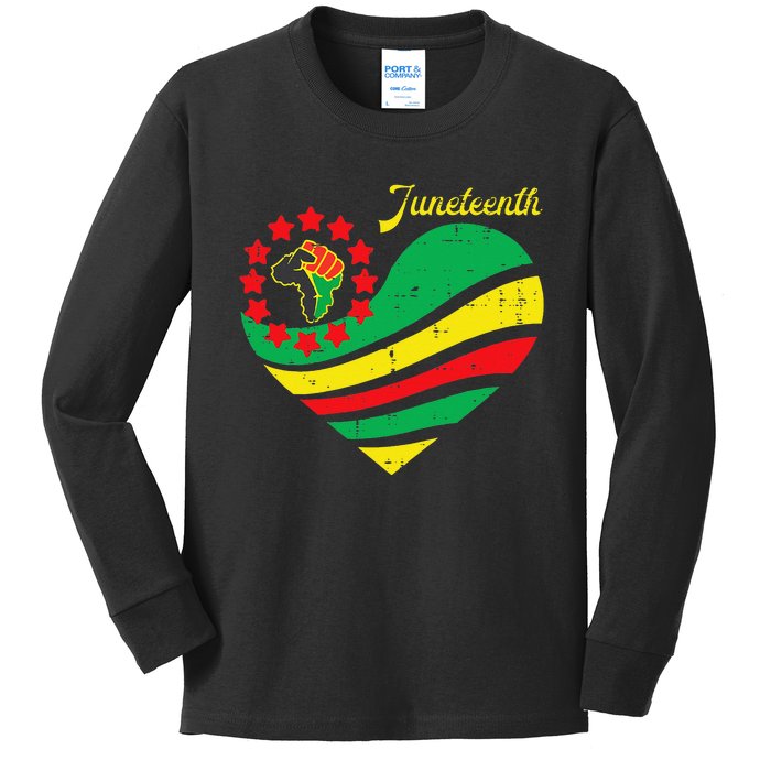 Juneteenth Heart Africa Fist June 19th 1865 Kids Long Sleeve Shirt