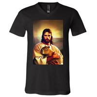 Jesus Holding A Capybara V-Neck T-Shirt