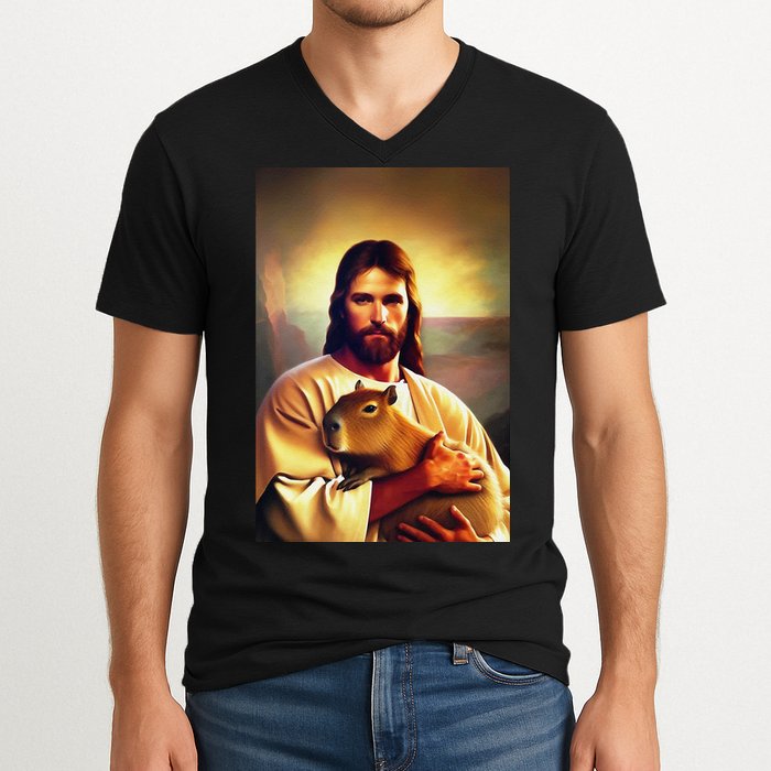 Jesus Holding A Capybara V-Neck T-Shirt
