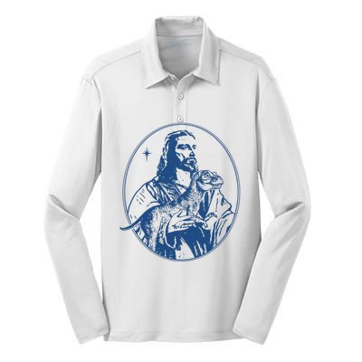 Jesus Holding Dinosaur Silk Touch Performance Long Sleeve Polo