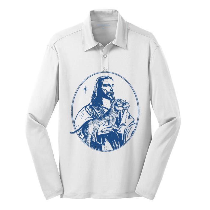 Jesus Holding Dinosaur Silk Touch Performance Long Sleeve Polo