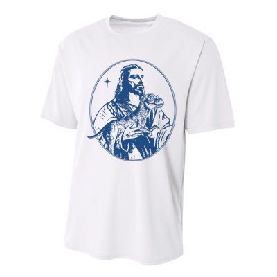 Jesus Holding Dinosaur Performance Sprint T-Shirt