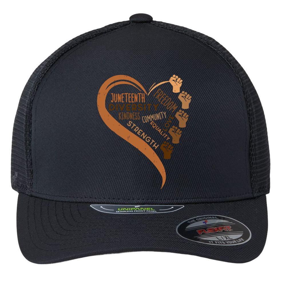 Juneteenth Heart Fists Black History Melanin Flexfit Unipanel Trucker Cap