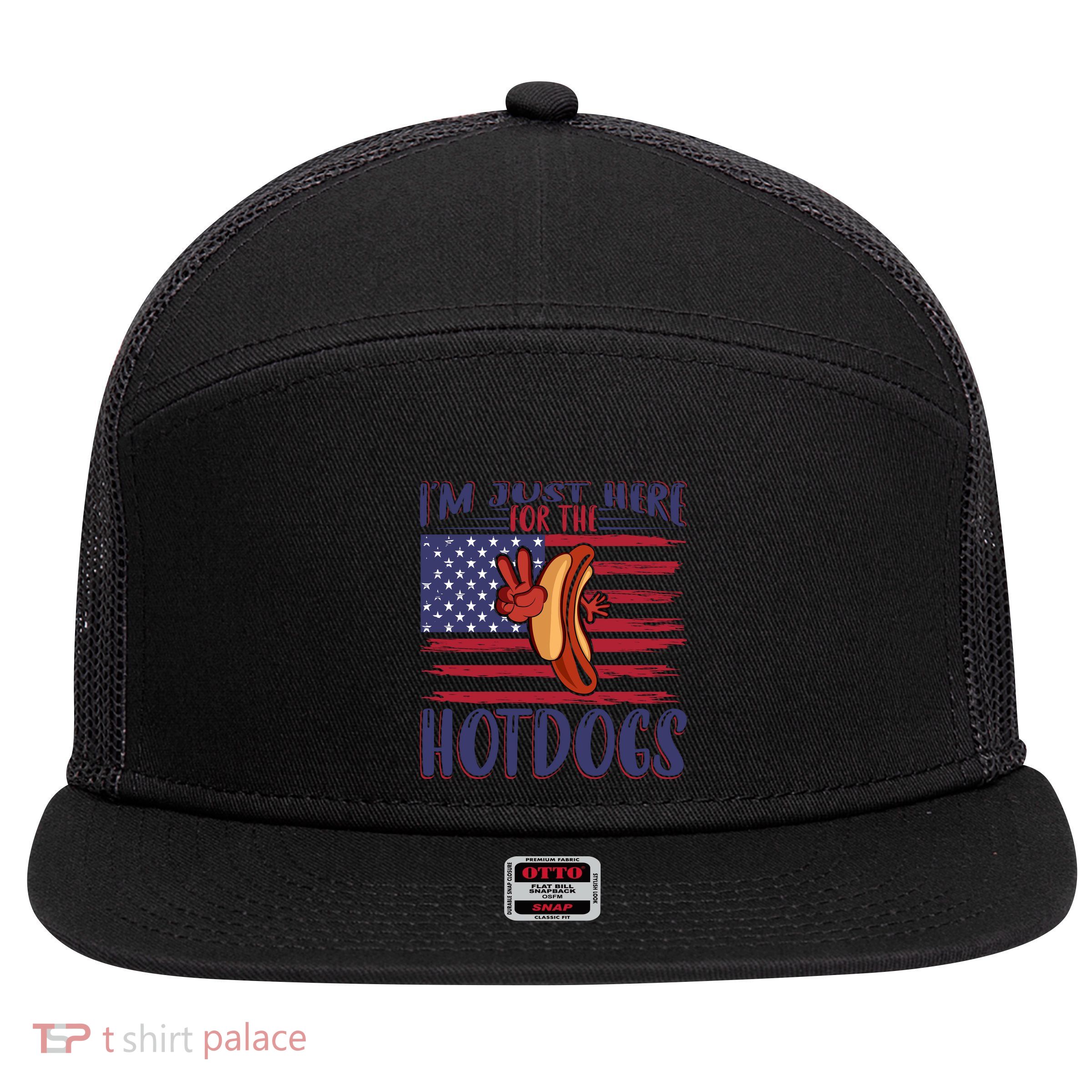 Just Here For The Hot Dogs 7 Panel Mesh Trucker Snapback Hat