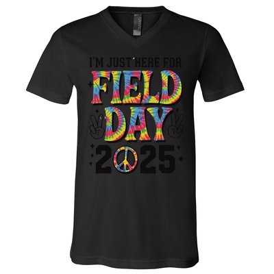 Just Here For Field Day 2025 Sign Peace Teacher Tie Dye V-Neck T-Shirt