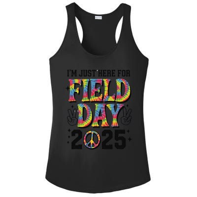 Just Here For Field Day 2025 Sign Peace Teacher Tie Dye Ladies PosiCharge Competitor Racerback Tank