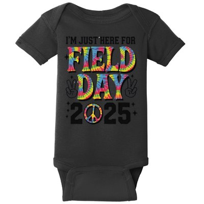 Just Here For Field Day 2025 Sign Peace Teacher Tie Dye Baby Bodysuit