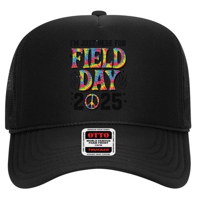Just Here For Field Day 2025 Sign Peace Teacher Tie Dye Trucker Hat