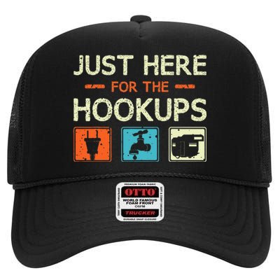 Just Here For The Hookups Camper Camping Rv Caravan High Crown Mesh Back Trucker Hat