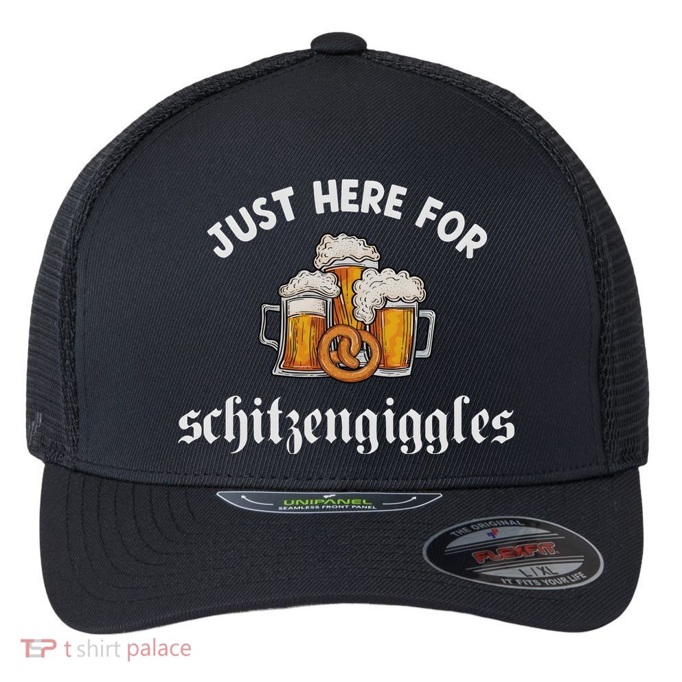 Just Here For Schitzengiggles Oktoberfest Drinking Team Flexfit Unipanel Trucker Cap