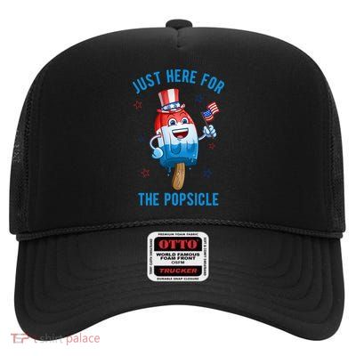 Just Here For The Popsicle 4th Of July Funny Festive High Crown Mesh Back Trucker Hat