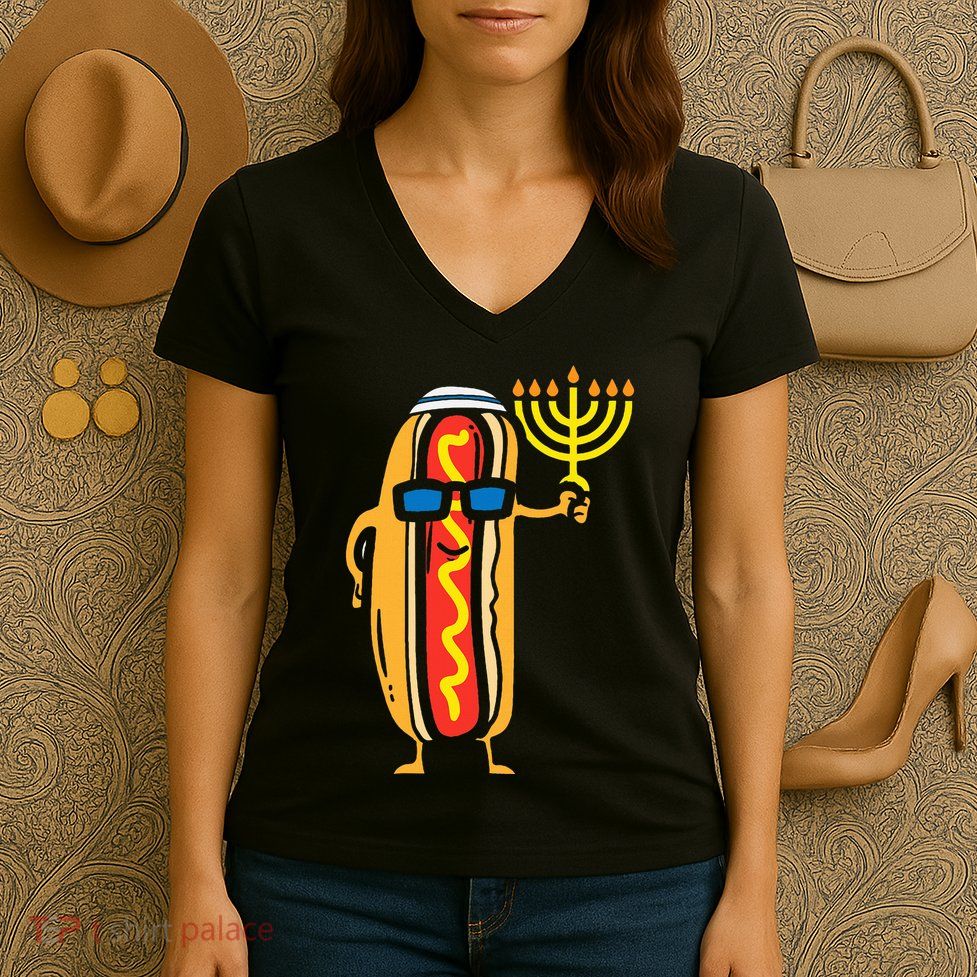 Jewish Hotdog Funny Food Hanukkah Pajamas Chanukah Pjs Us Women's V-Neck T-Shirt