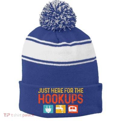 Just Here For The Hookups Motorhome Camping RV Stripe Pom Pom Beanie