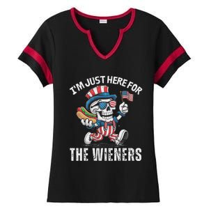 Just Here For The Wieners Funny 4th Of July Hot Dog Skeleton Ladies Halftime Notch Neck Tee