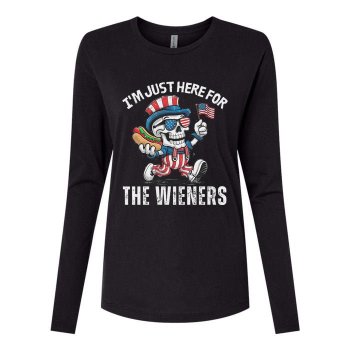 Just Here For The Wieners Funny 4th Of July Hot Dog Skeleton Womens Cotton Relaxed Long Sleeve T-Shirt