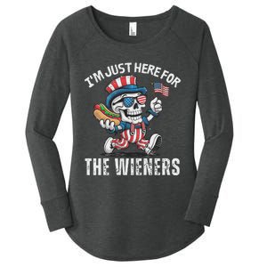 Just Here For The Wieners Funny 4th Of July Hot Dog Skeleton Women's Perfect Tri Tunic Long Sleeve Shirt