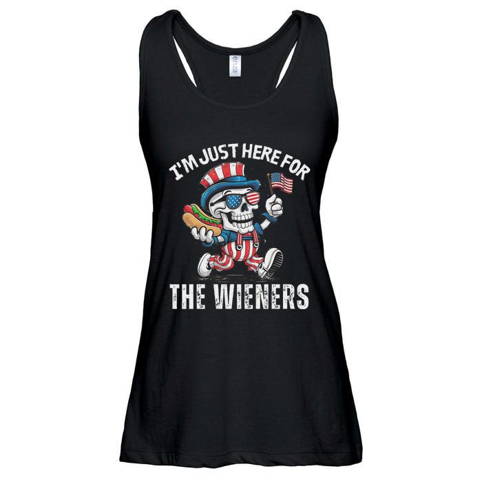 Just Here For The Wieners Funny 4th Of July Hot Dog Skeleton Ladies Essential Flowy Tank