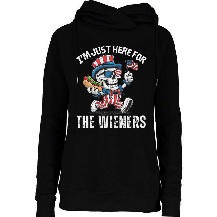 Just Here For The Wieners Funny 4th Of July Hot Dog Skeleton Womens Funnel Neck Pullover Hood