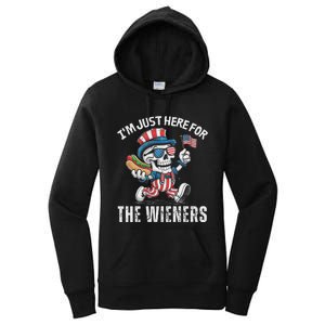 Just Here For The Wieners Funny 4th Of July Hot Dog Skeleton Women's Pullover Hoodie