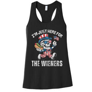 Just Here For The Wieners Funny 4th Of July Hot Dog Skeleton Women's Racerback Tank