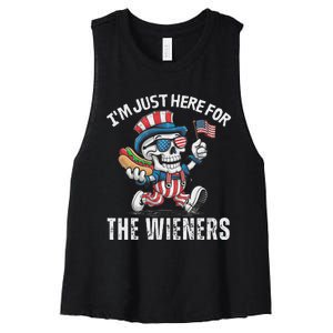 Just Here For The Wieners Funny 4th Of July Hot Dog Skeleton Women's Racerback Cropped Tank