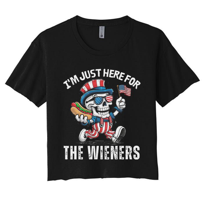 Just Here For The Wieners Funny 4th Of July Hot Dog Skeleton Women's Crop Top Tee