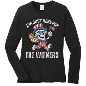 Just Here For The Wieners Funny 4th Of July Hot Dog Skeleton Ladies Long Sleeve Shirt