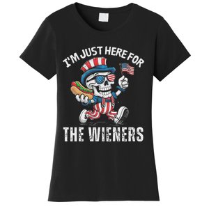 Just Here For The Wieners Funny 4th Of July Hot Dog Skeleton Women's T-Shirt