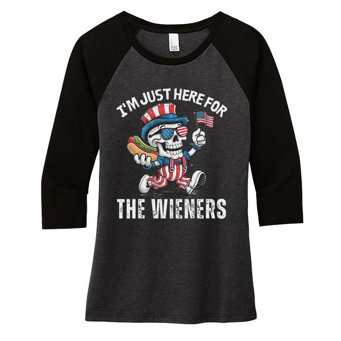 Just Here For The Wieners Funny 4th Of July Hot Dog Skeleton Women's Tri-Blend 3/4-Sleeve Raglan Shirt